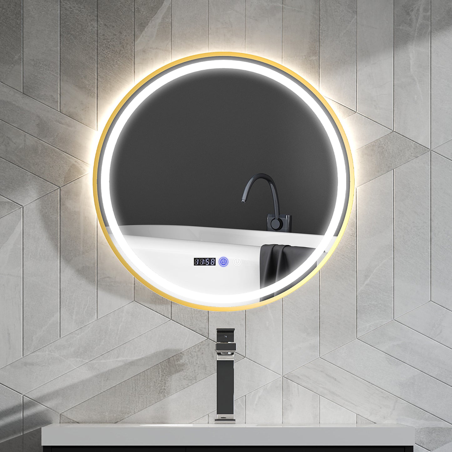Ronde Badkamerspiegel – Spiegel Met LED Verlichting – Badkamerspiegel Met Antibeslag – Touch Spiegel – Digitale Badkamerspiegel – Goudkleurig Design – Zelfvoorzienende Stroom – Tijd- En Temperatuurweergave