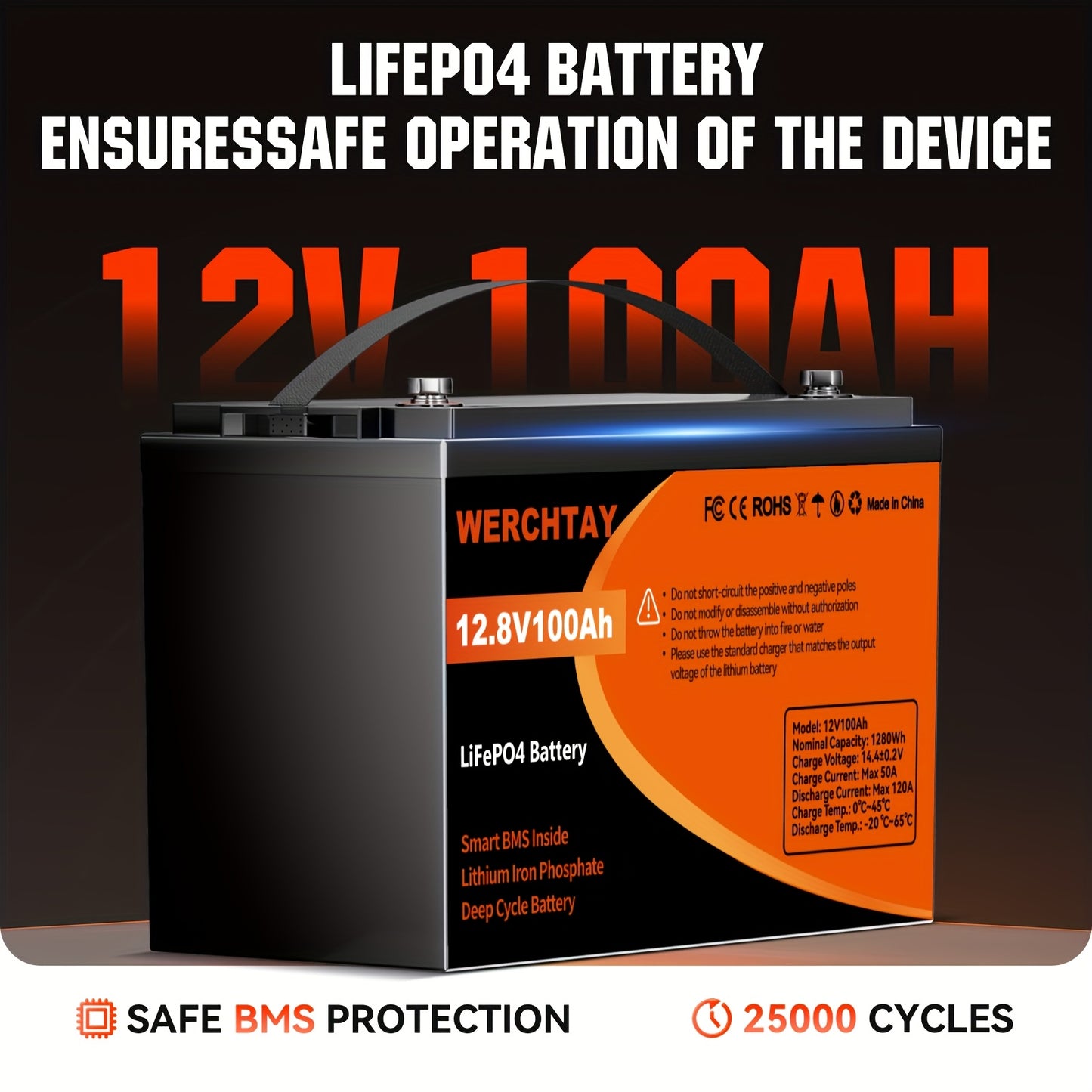 LiFePO4 Accu – Lithium Accu – Bootaccu – Camperaccu – Zonne-energie Accu – 12,8V 100Ah – Slim BMS – Tot 25.000 Cyclus Levensduur
