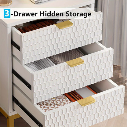 Nachtkastje – Bijzettafel – Bedside Table – Opbergkast – Nachtkast – Wit Gouden Afwerking – 3 Lades – E1 Spaanplaat Met Metaal