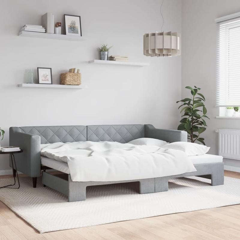 Slaapbank – Bedbank – Bankbed – Logeerbed – Opklapbed – Lichtgrijs Stof – Uitschuifbaar 90x200 cm – Massief Hardhouten Frame