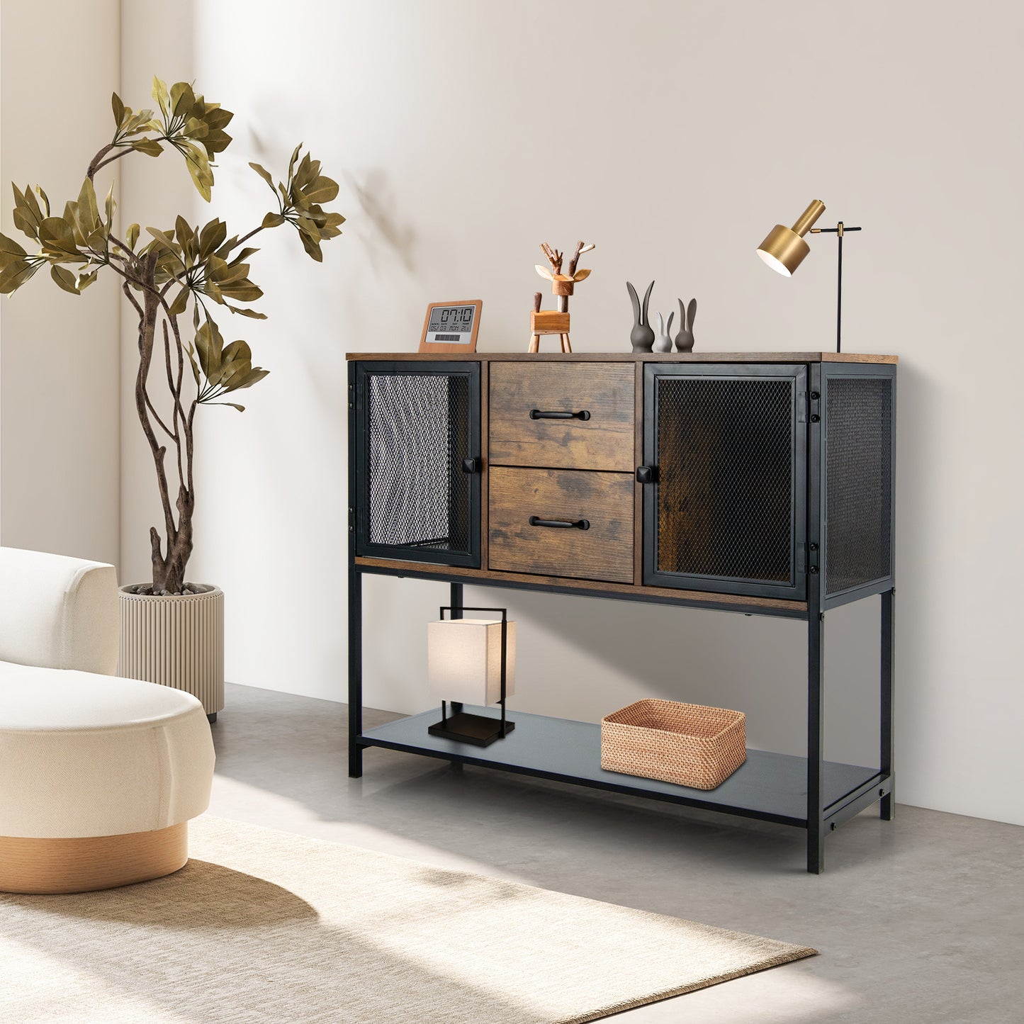 Dressoir – Ladekast – Opbergkast – TV-Meubel – Woonkamerkast – Industrieel Design – Hout En Zwart Staal – 100x35x85 cm
