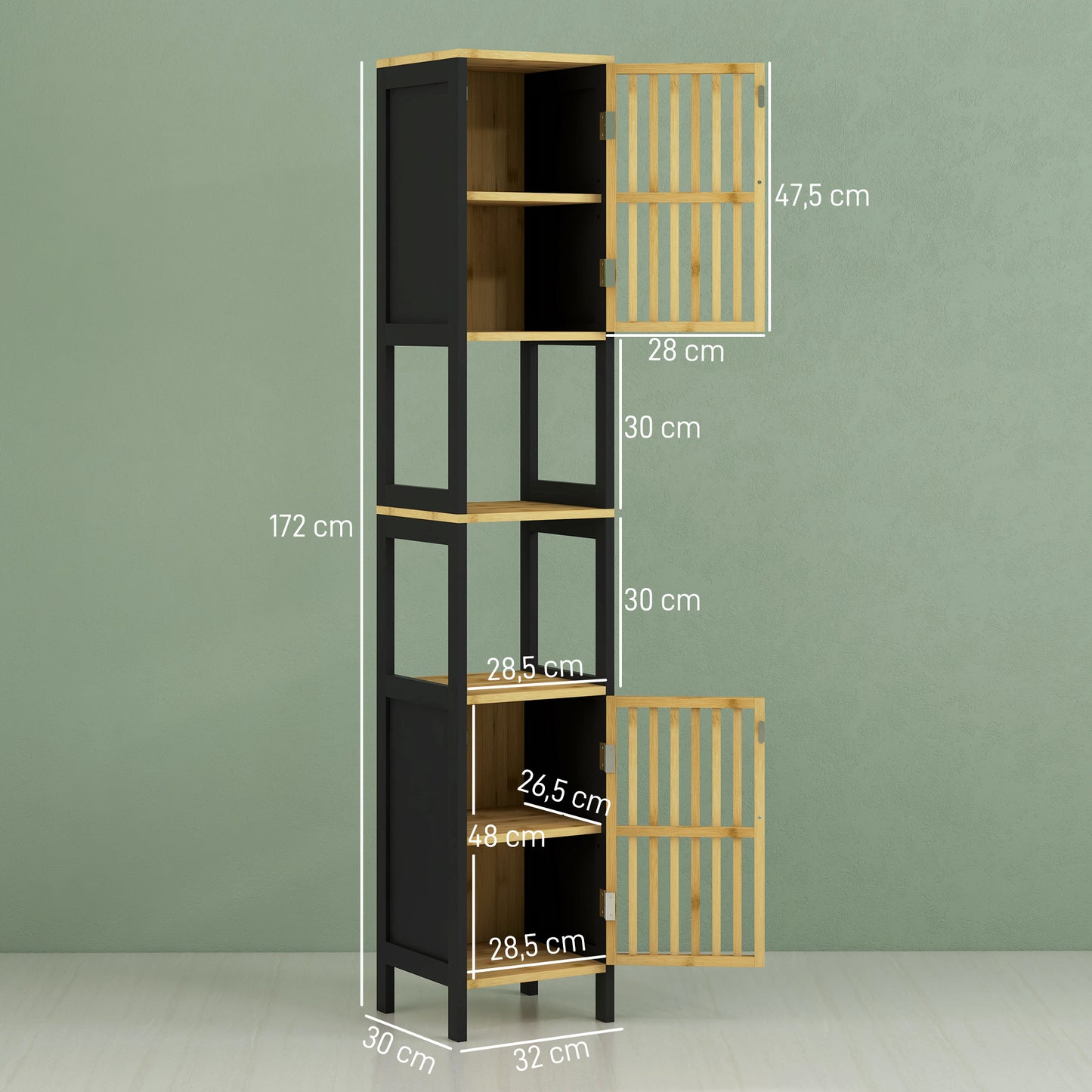 Badkamer Kolomkast – Opbergkast – Standaardkast – Badkamermeubel – Kast Met Deuren – Twee Deuren En 2 Open Niches – Compact 30x32x172 cm – Anti-Kantel Veilig