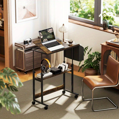bureautafel – bureau – computertafel – werktafel – schrijftafel – verstelbare hoogte – stevig metalen frame – 92 x 40 cm – wieltjes – kantelplatform – opbergtas – rustiek bruin zwart