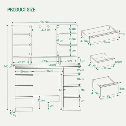 Dressing Table, 3 Colors, Adjustable Brightness, Large HD Mirror, 1 Large Drawer And 8 Small Drawer Cabinets, 9 Open Shelves, White