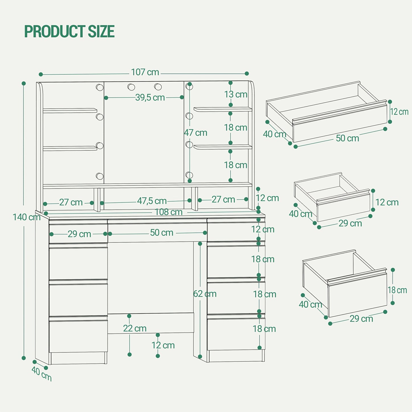 Kaptafel – Make-uptafel – Toillet – Verzorgingstafel – Slaapkamertafel – Wit met Gouden Accenten – Verstelbare Verlichting – Grote HD-Spiegel – Veel Opbergruimte