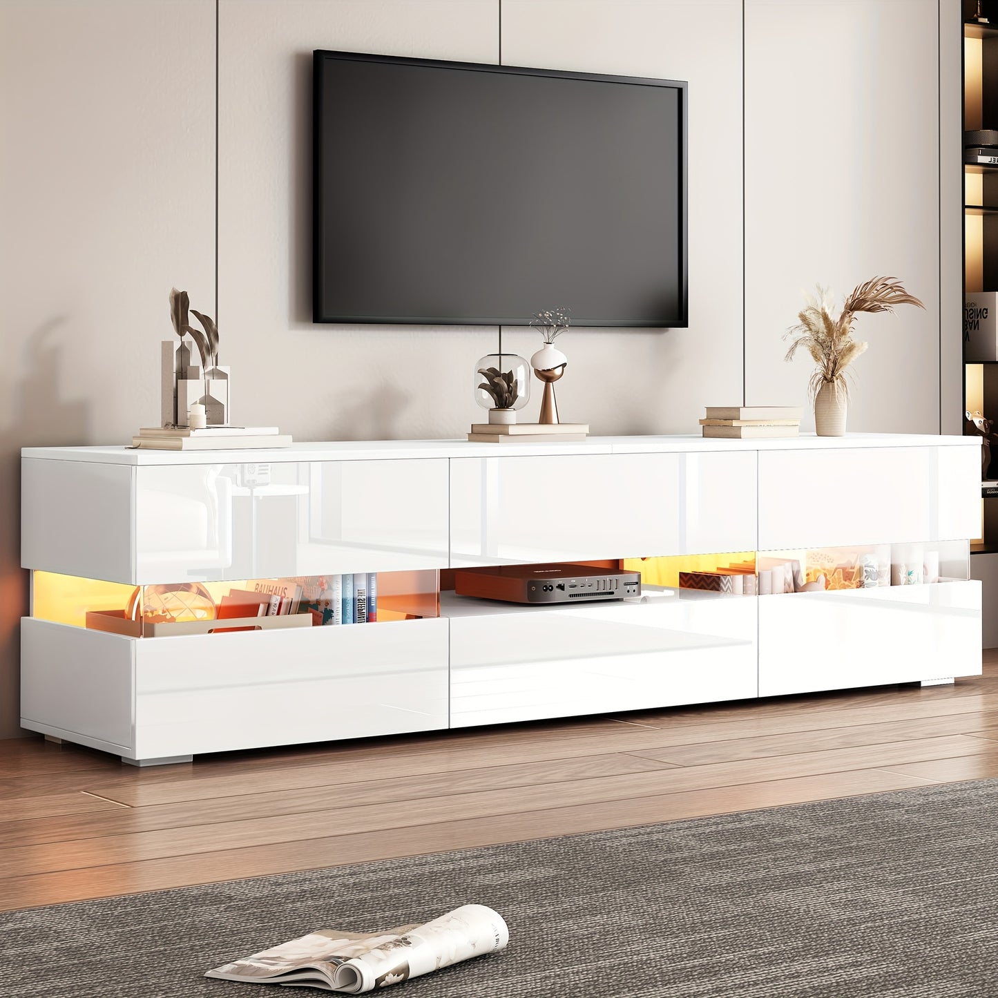 Tv-meubel – TV Kast – TV Meubel – TV Dressoir – Hoogglans Meubel – Wit Hoogglans – Geschikt Tot 70 Inch – Acrylglas Push-Open Systeem