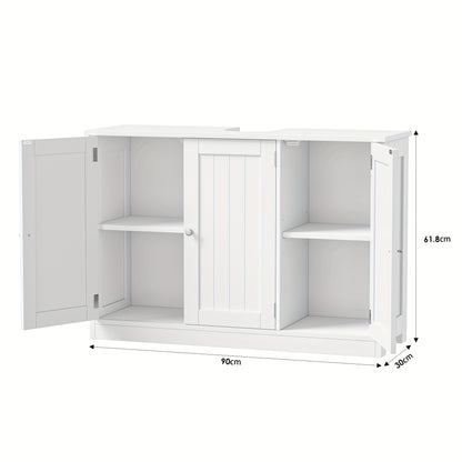 Kealive White 3-Door Modern Bathroom Cabinet with Adjustable Shelves & Doors - Vanity Unit, White, Golden-Toned Knobs, Space-Saving Storage for Bathrooms, Easy Assembly (Fits Small/Large Bathrooms)