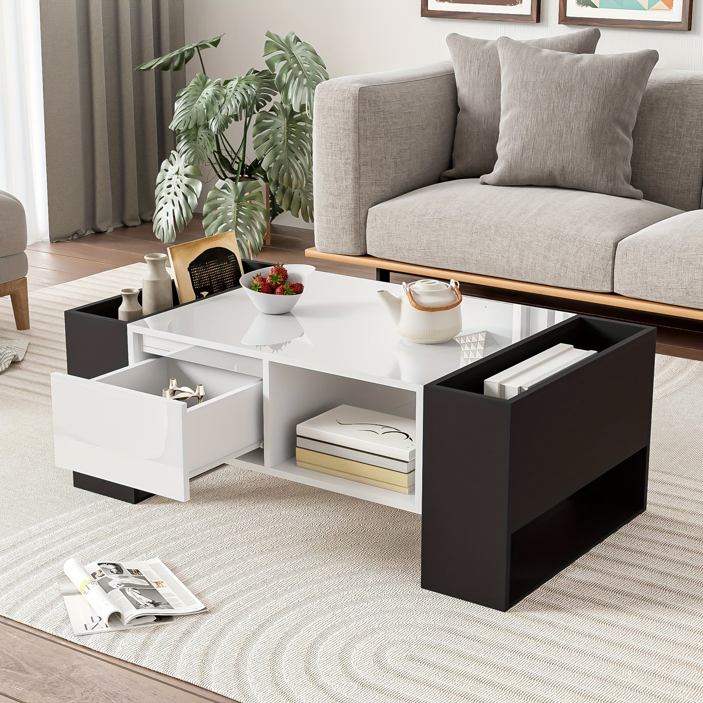 Salontafel – Koffietafel – Bijzettafel – Woonkamertafel – Tafel – Zwart-Wit – Hoogglans Afwerking – Hardhouten Opberglade Met 4 Open Vakken