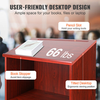 Spreekgestoelte – Lessenaar – Podium – Lezenaar – Preekstoel – Donkerbruin Hout – In hoogte 120 cm – Met Wieltjes en Opbergruimte