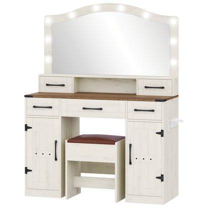 Kaptafel – Make-uptafel – Beautytafel – Schoonheidstafel – Toiletmeubel – Rustiek Bruin-Wit – Led-Verlichting Met 3 Lichtstanden – 5 Lades + 2 Kastdeuren Met Haardrogerhouder