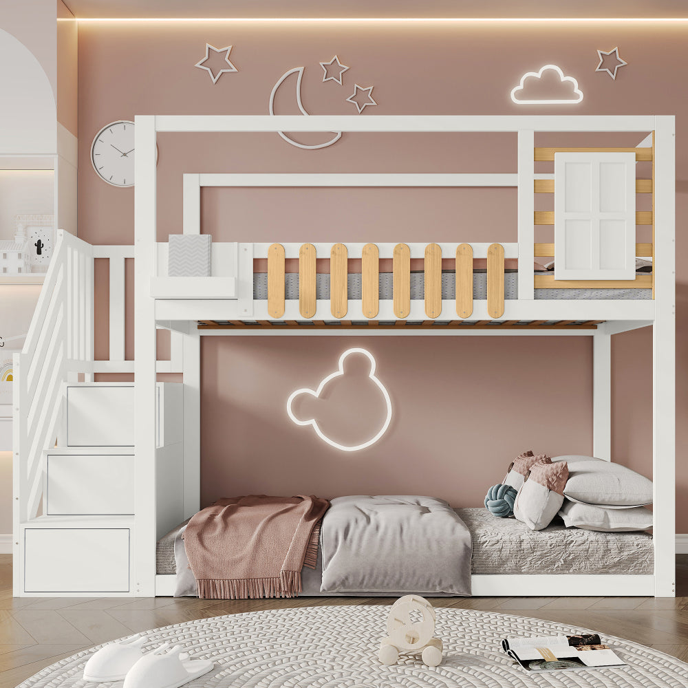 Wit Stapelbed – Kinderbed – Hoogslaper – Bovenbed – Stapelbed Met Veiligheidsnet – Drie-Delige Opbergladder – Ruimtebesparend Twin/Full Bed – Stevige Ladder Met Bescherming
