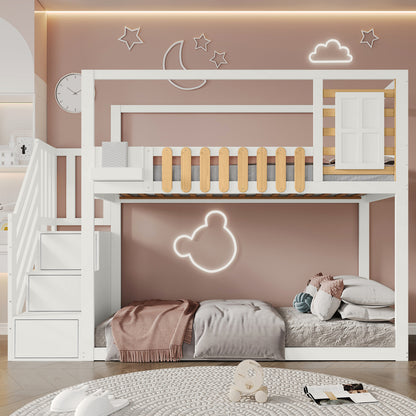 Wit Stapelbed – Kinderbed – Hoogslaper – Bovenbed – Stapelbed Met Veiligheidsnet – Drie-Delige Opbergladder – Ruimtebesparend Twin/Full Bed – Stevige Ladder Met Bescherming