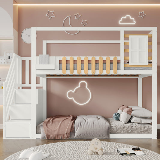 Wit Stapelbed – Kinderbed – Hoogslaper – Bovenbed – Stapelbed Met Veiligheidsnet – Drie-Delige Opbergladder – Ruimtebesparend Twin/Full Bed – Stevige Ladder Met Bescherming