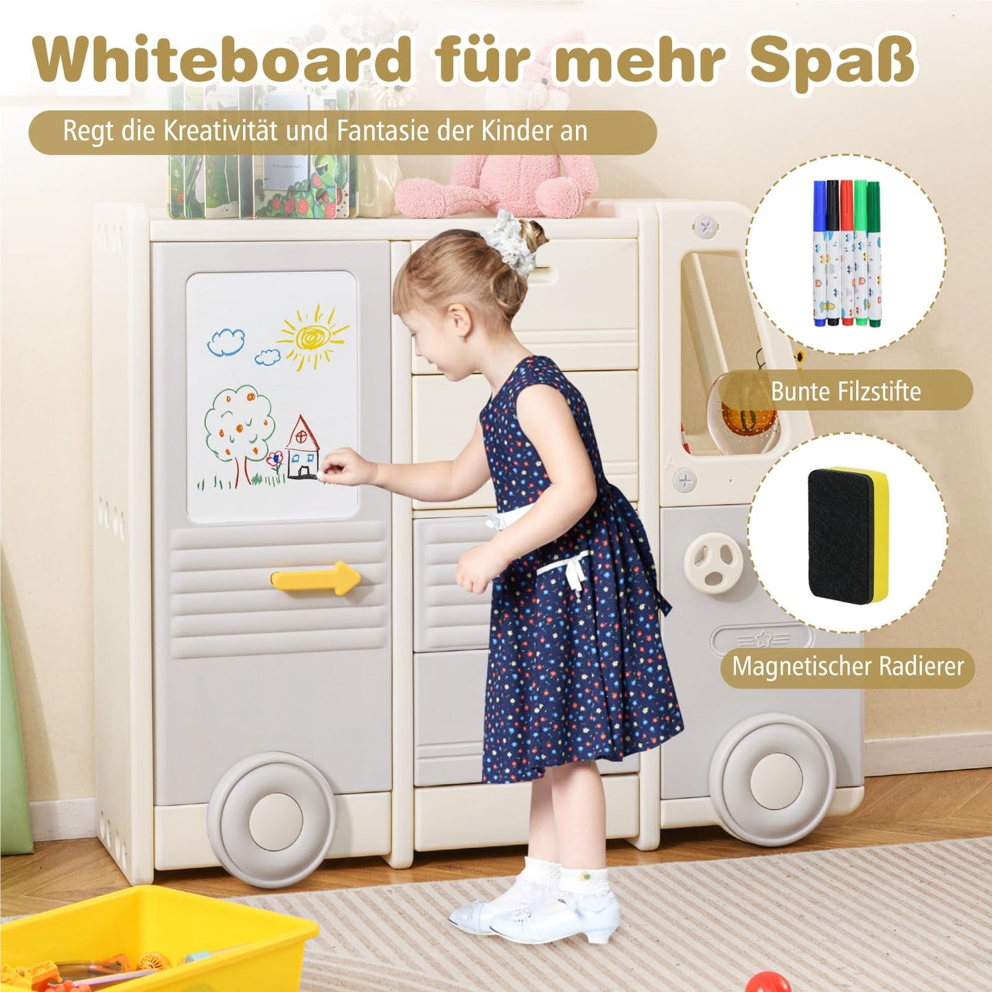 Speelgoedrek Bus – Kindershelf – Opbergkast – Kinderboekenrek – Speelgoedkast – Met Whiteboard – 111 x 34 x 94 cm – Veilig HDPE & PP Materiaal