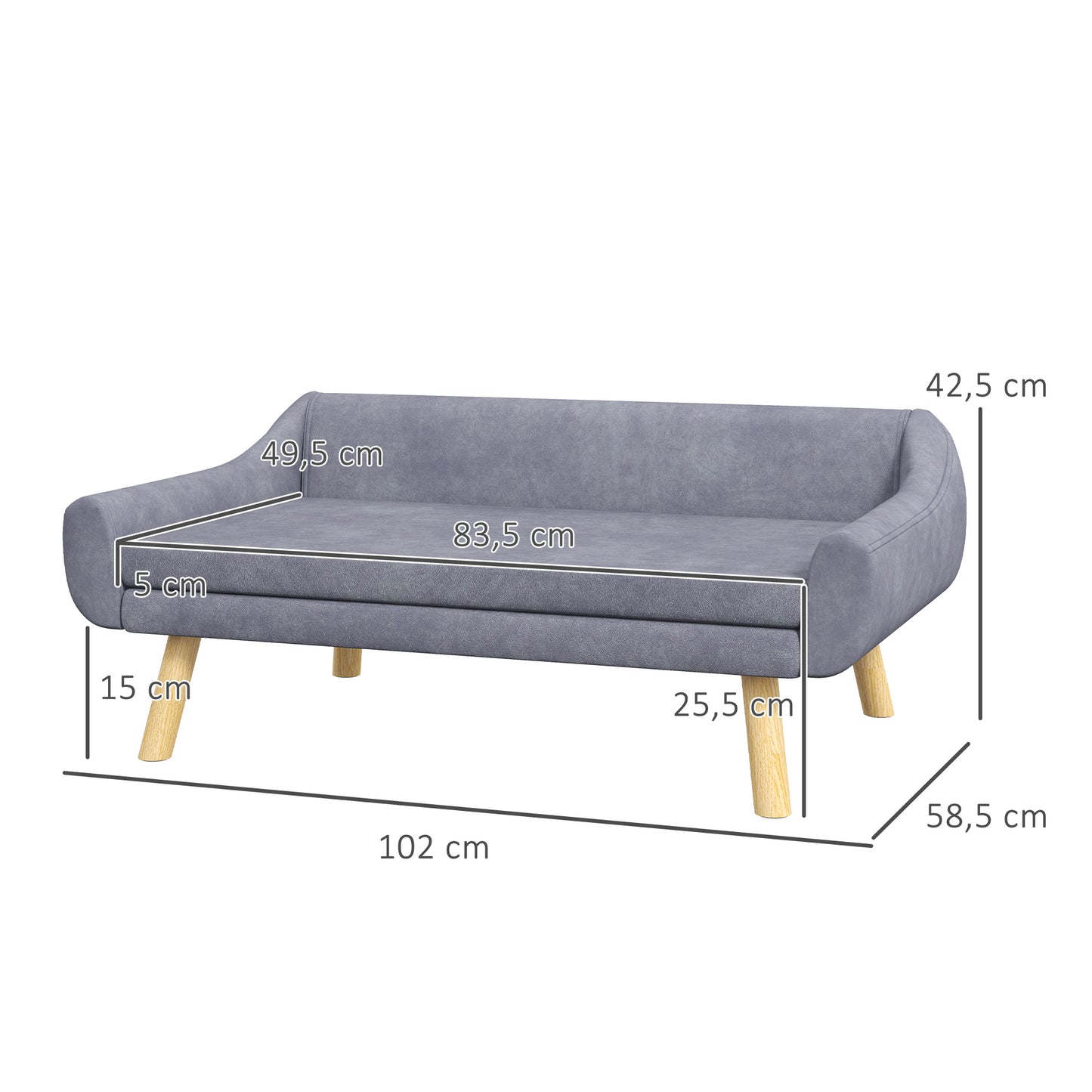 Huisdierbankje – Kattenbank – Hondenbed – Dierenbank – Slaapbank – Scandinavisch Design – Afneembaar Kussen – Velours Stof – Houten Poten – 102x58,5x42,5 cm – Grijs
