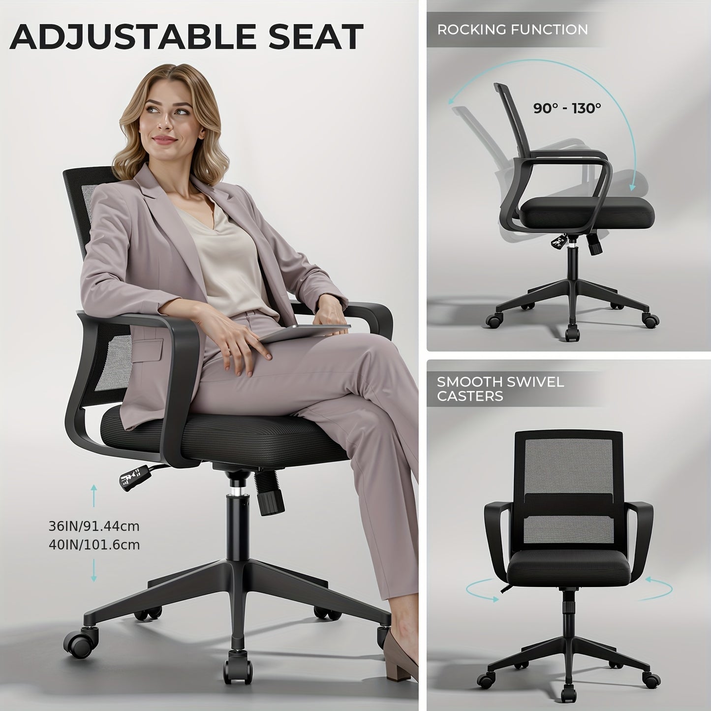 Bureaustoel – Ergonomische Stoel – Office Chair – Computerstoel – Kantoorstoel – Memory Foam Zitting – Verstelbare Lendensteun – 360° Draaibaar – Mesh Rugleuning – Metalen Frame – Zwart