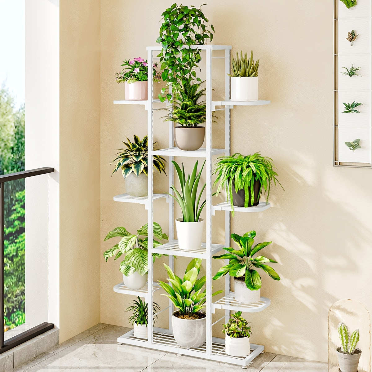 Modern White Metal Plant Stand with Anti-Slip Corner & Protective Foot Pads - Multi-Tier Indoor/Outdoor Flower Shelf, Sturdy Tall Vertical Design for Patio, Garden, Living Room, Bedroom, Balcony - Space-Saving Plant Holder fo