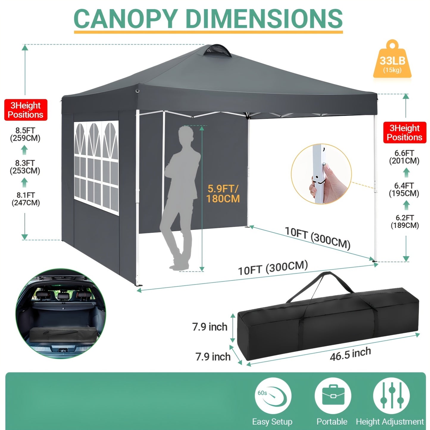 Pop-up Partytent – Vouwtent – Easy-Up Tent – Vouwluifel – Partytent Met Zijwanden – 3x3 Meter – Verstelbare Hoogte – Inclusief Zijwanden & Draagtas