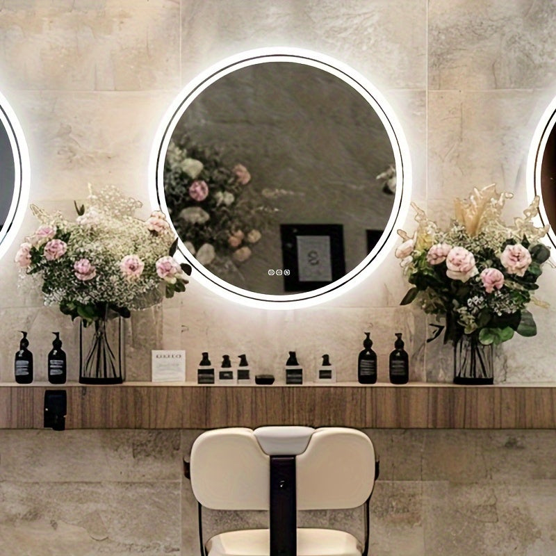 Round LED Bathroom Mirror, Dimmable Lighting, 60/80cm Backlit Anti-fog Makeup Wall Mirror, Smart Touch Button, Cold/Warm/Neutral Light, Memory Function Modern Shaving Mirror, with Frosted Edge, Bathroom Mirrors for Wall, Cont