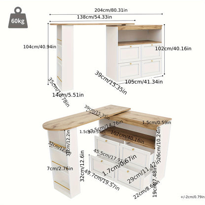 Barkast – Drankkast – Wijnkast – Buffetkast – Barkast Op Wieltjes – 360° Draaibaar – 4 Lades + Open Planken – Wit – 105x39x102 cm