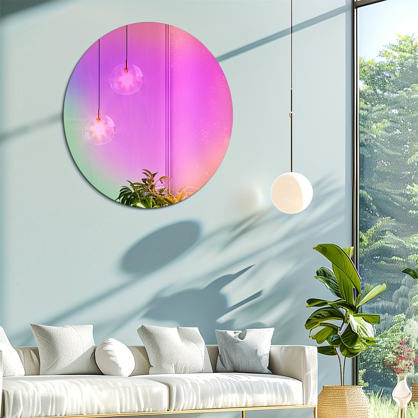 iriserende wandspiegel – ronde spiegel – frameloze spiegel – decoratieve spiegel – glazen wandspiegel – 66 cm – lichtreflecterend effect – stevige antislip achterplaat