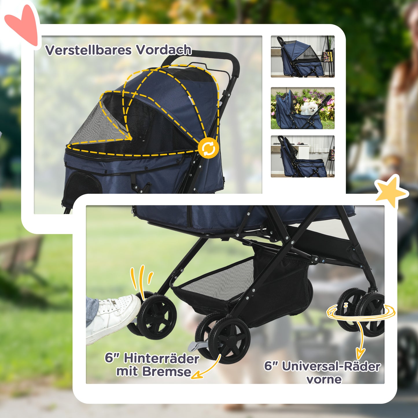 Hondenwagen – Hondenbuggy – Huisdierenwagen – Dierenbuggy – Kleine Honden Buggy – Blauw – Verstelbare Kap – Inklapbaar Met Veiligheidshaak