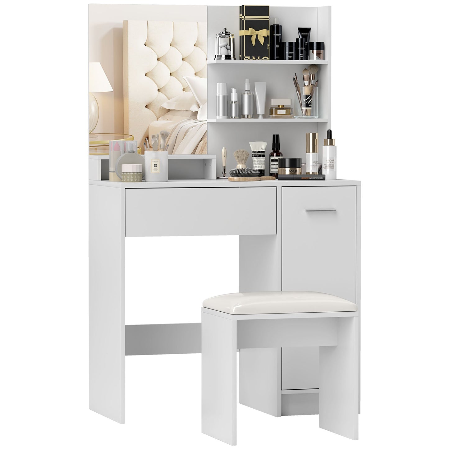 Kaptafel – Make-up Tafel – Toilettafel – Visagie Meubel – Schoonheidstafel – Met Spiegel en Kruk – Anti-Kantel Systeem – Grote Opbergruimte
