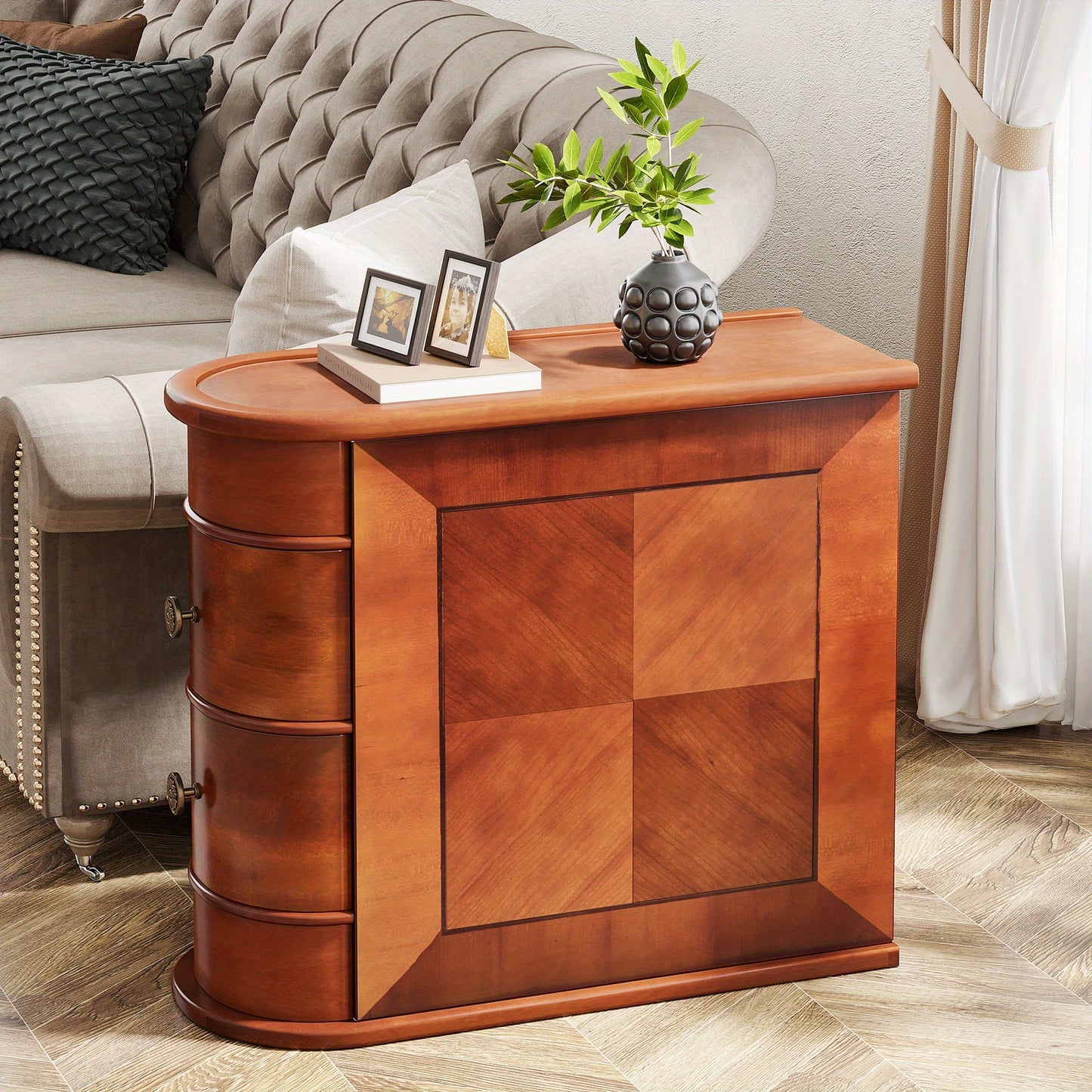 Slim Space-Saving Sofa Side Table with 2-Drawer Storage - Freestanding Narrow Accent Cabinet, No Assembly Required, Brown Wood-like, Compact End Table/Nightstand with Smooth Surface & Arch Design for Living Room, Bedroom, Sma