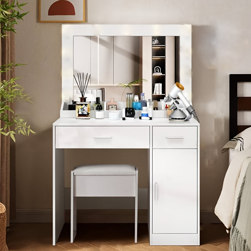 Makeuptafel – Kaptafel – Make-up Tafel – Schoonheidstafel – Cosmeticatafel – Zwart – Grote Spiegel – 2 Laden & Kast – Stevige Constructie