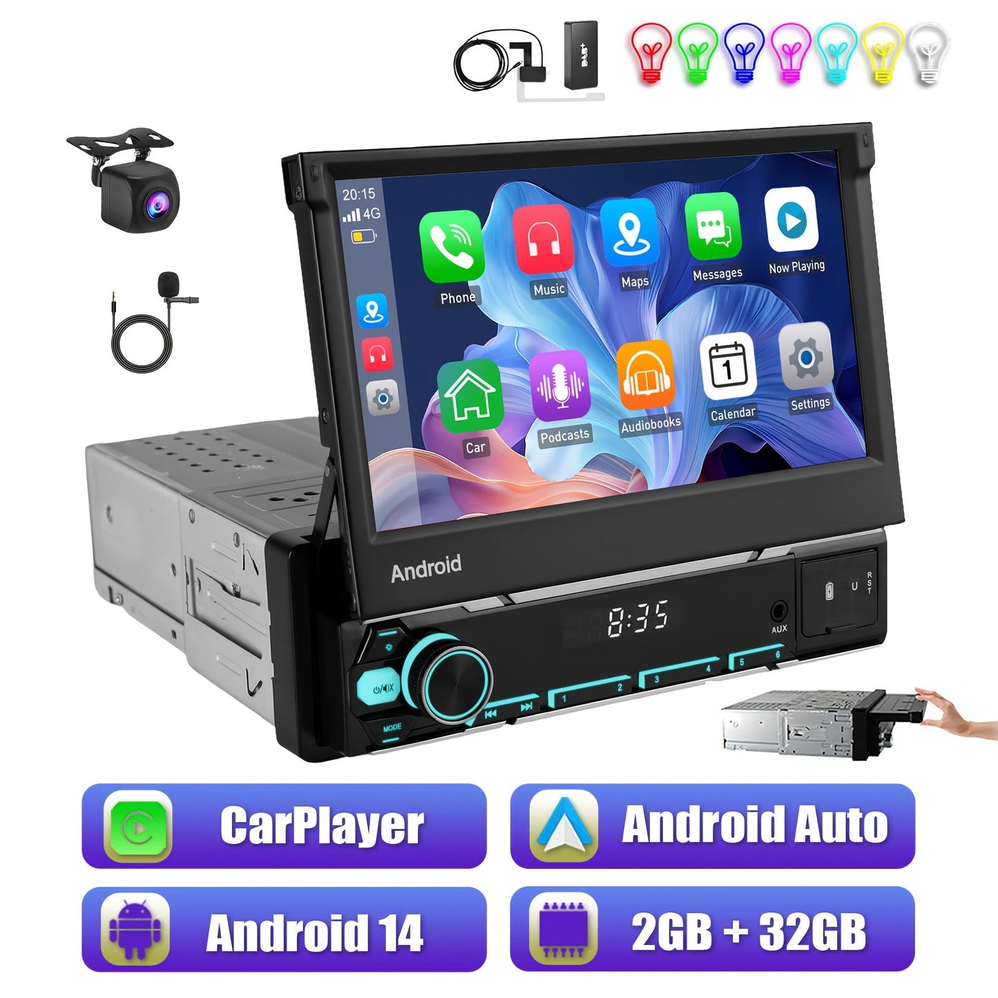 Multimedia Autoradio – Car Radio – Auto Stereo – 1 DIN Speler – Draadloze Autoradio – 7 Inch Kantelbaar IPS Touchscreen – Android 14 Met Wireless CarPlay & Android Auto
