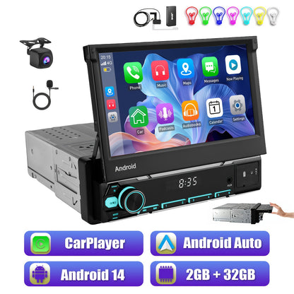 Multimedia Autoradio – Car Radio – Auto Stereo – 1 DIN Speler – Draadloze Autoradio – 7 Inch Kantelbaar IPS Touchscreen – Android 14 Met Wireless CarPlay & Android Auto