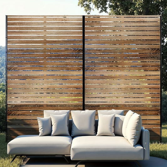 182.88cm H x 119.38cm W Freestanding Metal Privacy Screen Outdoor - Modern Traditional Design with Natural Wood-Louvered Panels, Heavy-Duty MDF/Fiberboard/Metal Construction for Patio, Garden, Deck, Balcony - Adjustable Heigh