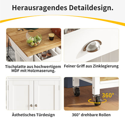 Keukeneiland – Keukenkast – Buffetkast – Serveerwagen – Kookeiland – Uitklapbaar Werkblad – MDF Met Dennenhouten Mand – 120x45x90 cm – Wit