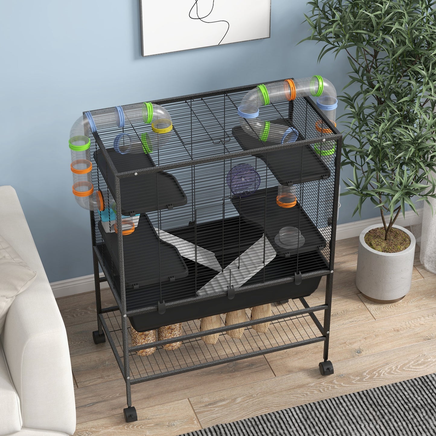 Hamsterkooi – Knaagdierkooi – Gerbilkooi – Knaagdierverblijf – Hamsterkooi Met Buizen – Ruime Leefruimte 109x82x46 cm – Inclusief Looprad & Drinkfles