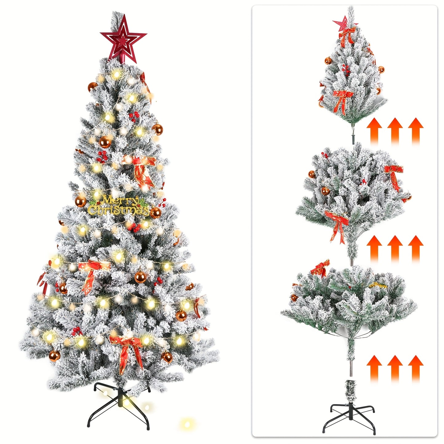 Kunstkerstboom – Kerstboom – Kunstboom – Nepkerstboom – Sierkerstboom – 210 cm Groot – Vooraf Versierd Met Flock – Met Metalen Standaard – Voor Binnen & Buiten