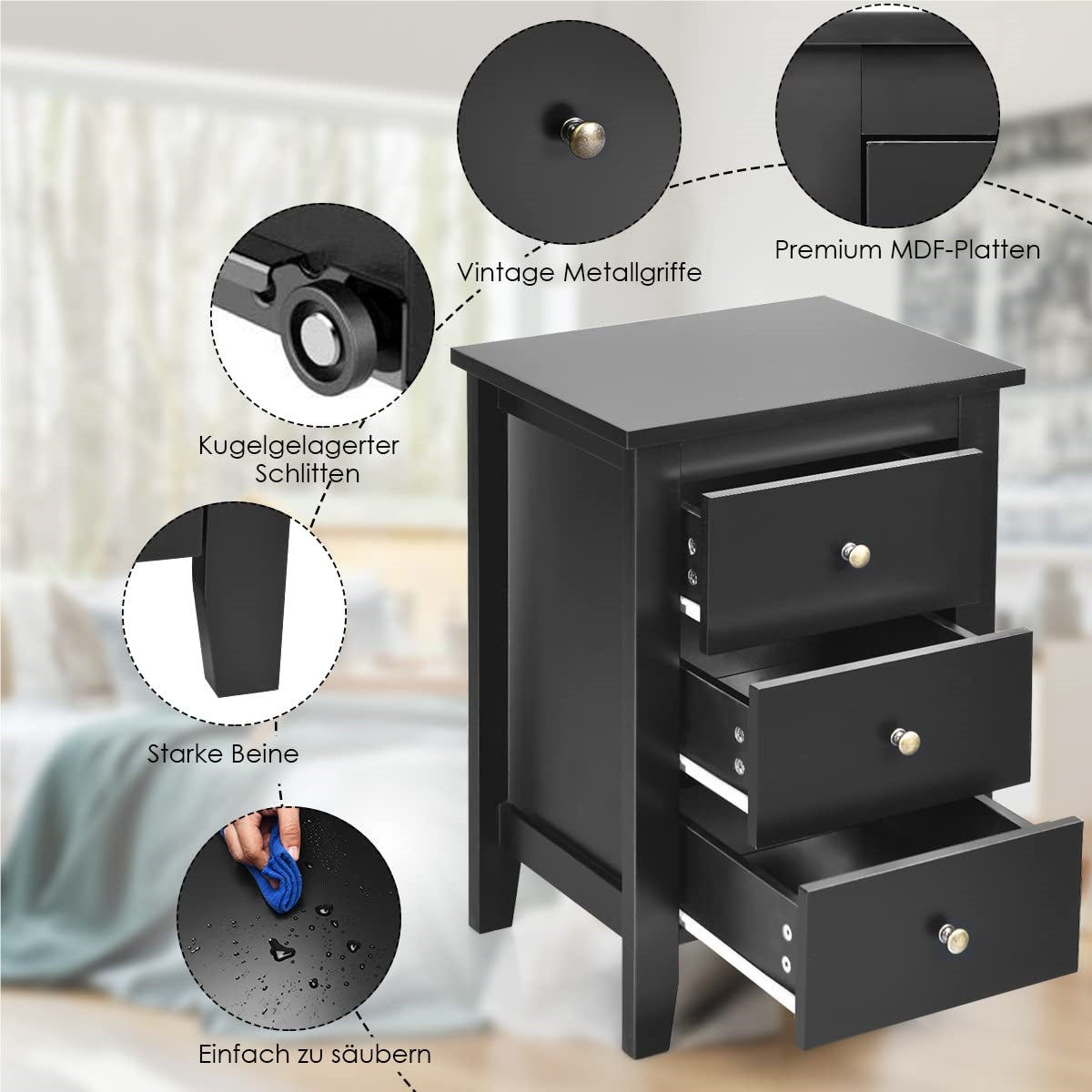 Nachtkastje – Bedside Table – Nachtkastjes – Opbergkastje – Bijzettafeltje – 2-Delige Set – 3 Lades – Mat Zwart – MDF & Multiplex – Compact 46x37x65 cm – Hoge Draagkracht 30 kg