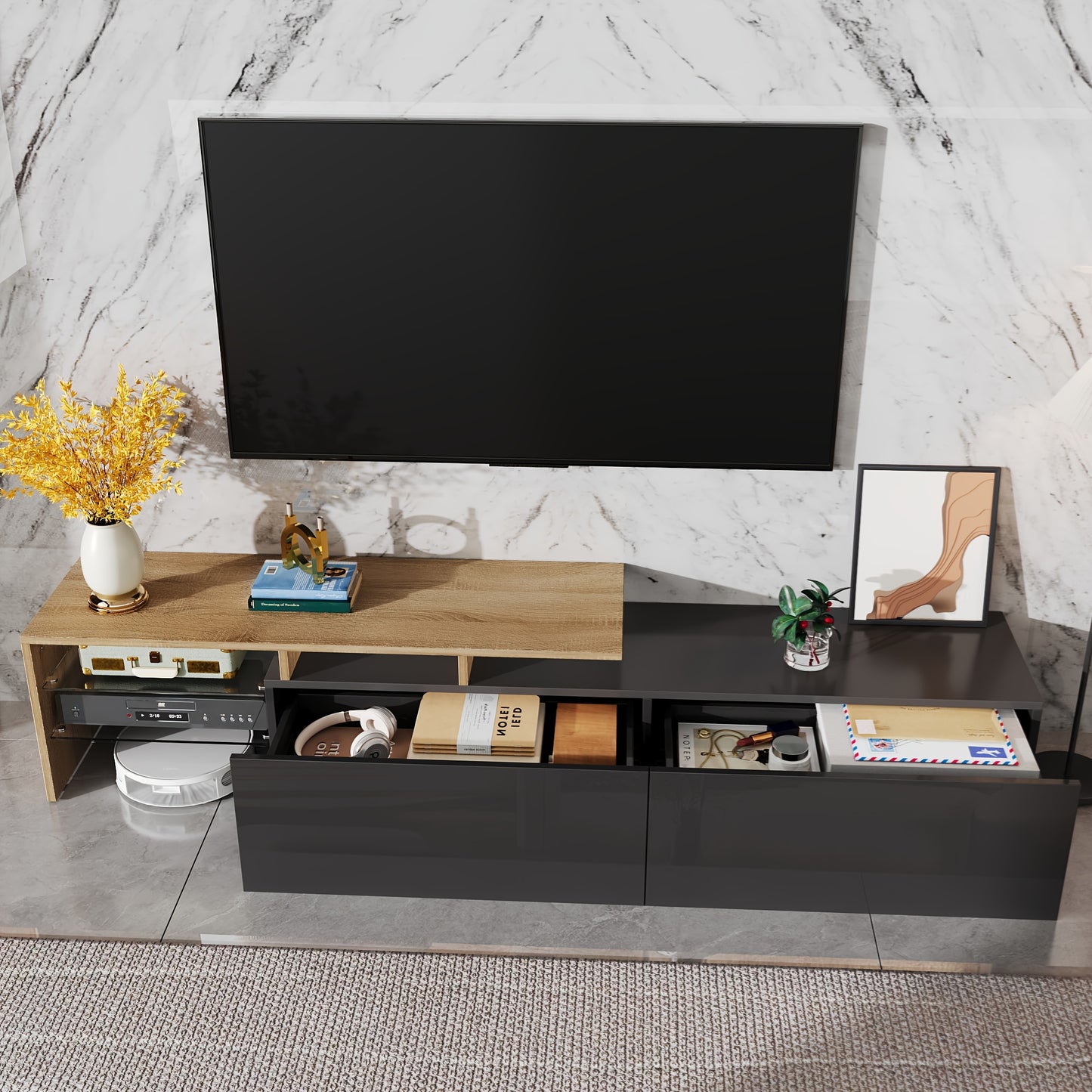 Modern Metal TV Stand with Glass Shelves & High-Gloss Black Finish - Contemporary Media Console with Spacious Storage, Minimalist Design for Living Room, Durable Metal Construction, Easy Assembly (No Tools Required), Space-Sa