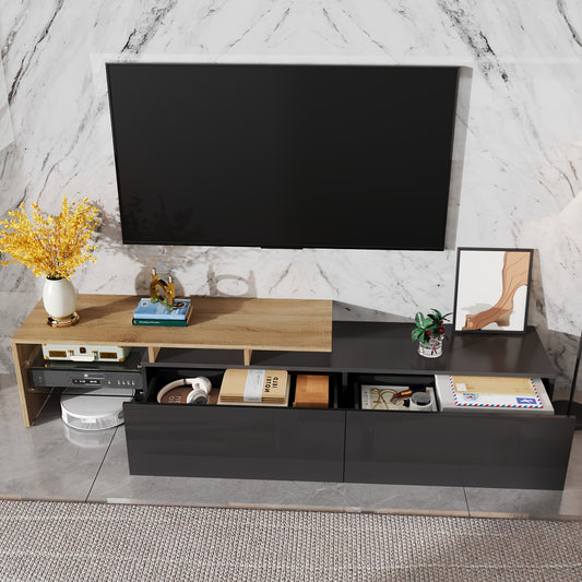 Modern Metal TV Stand with Glass Shelves & High-Gloss Black Finish - Contemporary Media Console with Spacious Storage, Minimalist Design for Living Room, Durable Metal Construction, Easy Assembly (No Tools Required), Space-Sa