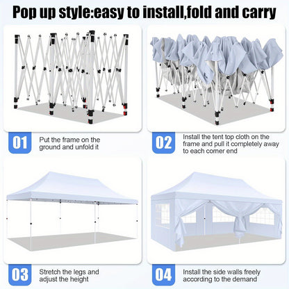 10x20 Pop Up Canopy Tent with 6 Sidewalls, UV50+ Gazebo for Weddings & Parties, 3 Adjustable Heights, Includes Carry Bag, Ideal for Market Stalls, Trade Shows, Playgrounds, Patios, Gardens, Party Gazebo, Outdoor Shelter, Port