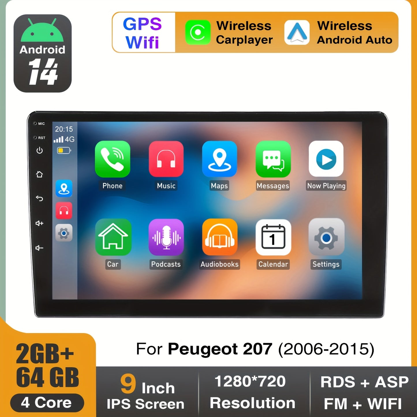 Android 14 Autoradio – Car Stereo – Multimedia Systeem – Navigatie Unit – Auto Audio – 9-Inch IPS Touchscreen – Draadloze CarPlay & Android Auto