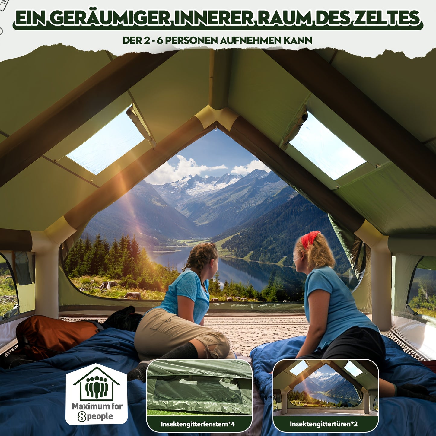 Militaire Tent – Opblaasbare Tent – Kampeertent – Groepstent – Festival Tent – 3x4 Meter Upgraded Tent – Extra Ruimte Voor 6-10 Personen – Duurzaam 420-D Oxford Materiaal Met Handpomp