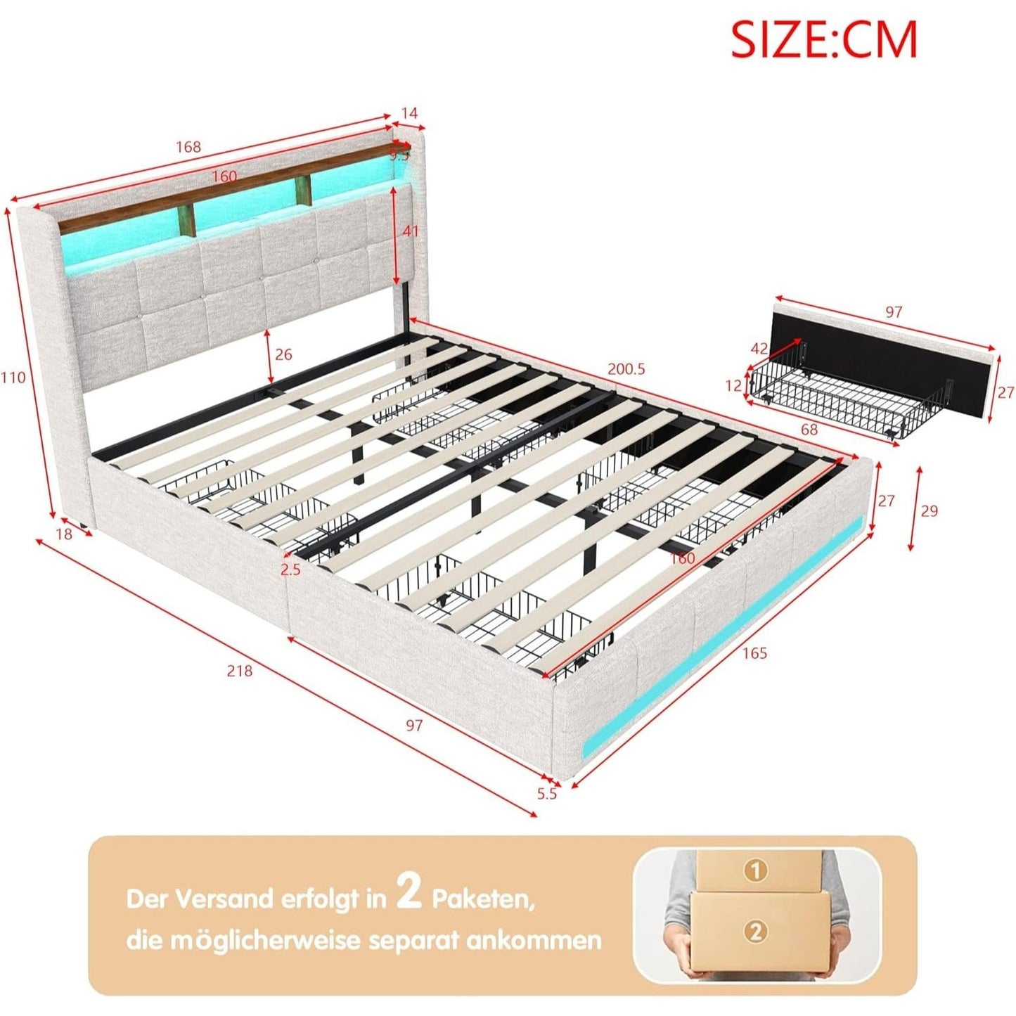 Double Bed with Storage, LED Lighting, 4 Drawers, Storage Function, USB Charging, Quick Assembly, Metal And Linen Bed Frame, Classic, for Adults, Ideal for 8Mj4Txd Bedroom.