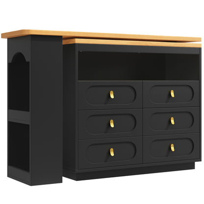 Extendable Bar Table with Swivel Function & Storage Drawers - Adjustable Length Modern Metal Space-Saving Design, Black Contemporary Style with Golden-Toned Legs for Kitchen, Living Room, Dining Room, Home Office - Easy Assem