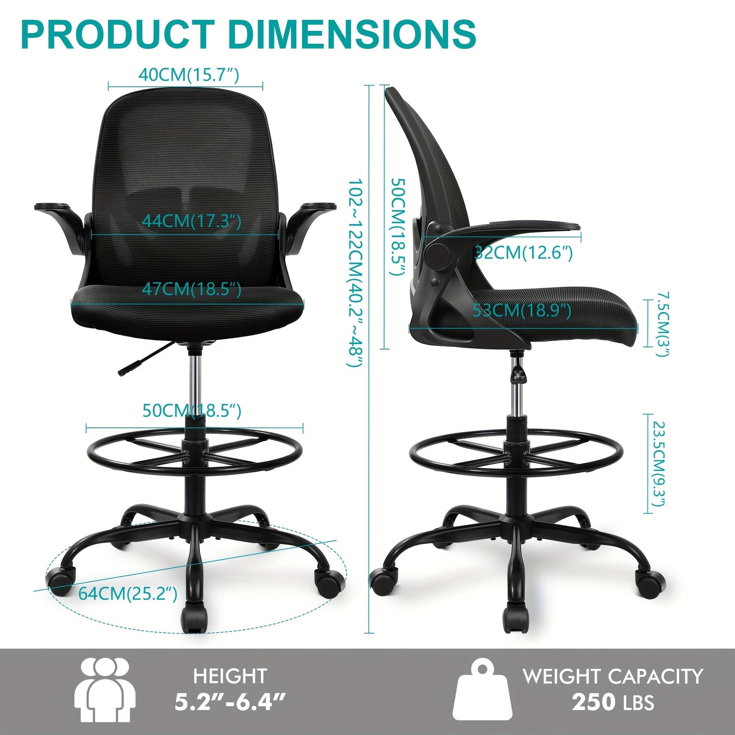 KERDOM Ergonomic High-Back Swivel Drafting Chair - Breathable Mesh Office Chair with Lumbar Support, Adjustable Footrest Ring & Flip-Up Armrests, 360° Swivel Metal Base for Home Office, Art Studio, Standing Desk, Ergonomic O