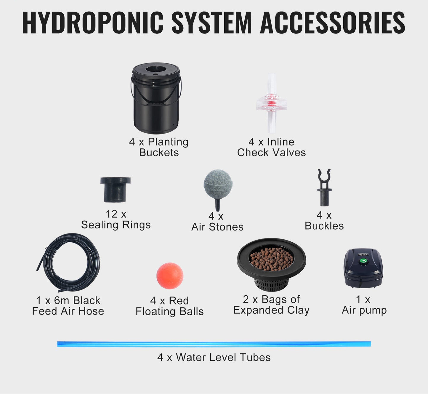 Deep Water Culture Hydrocultuursysteem – Hydroponisch Systeem – Plantenbakken – Hydrocultuur Kit – Groeisysteem – 4 x 19L PP Bakken – Krachtige Luchtpomp met Waterniveaumeter – Zwart