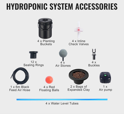 Deep Water Culture Hydrocultuursysteem – Hydroponisch Systeem – Plantenbakken – Hydrocultuur Kit – Groeisysteem – 4 x 19L PP Bakken – Krachtige Luchtpomp met Waterniveaumeter – Zwart