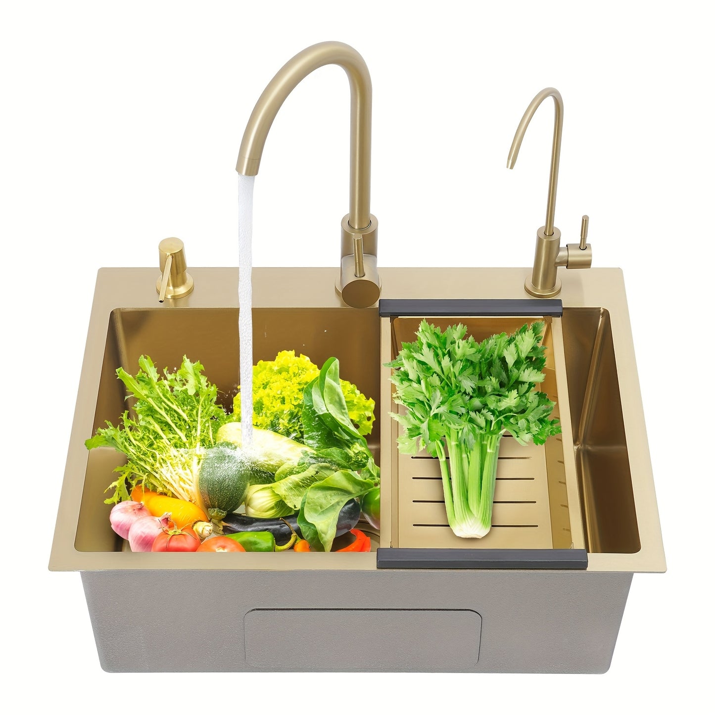 Enkele Spoelbak – Keukenspoelbak – Inbouwspoelbak – Onderbouwspoelbak – RVS Goudkleurig – 60x45 cm – Inclusief 2 Kraan Gaten, Zeepdispenser en Afloopmandje