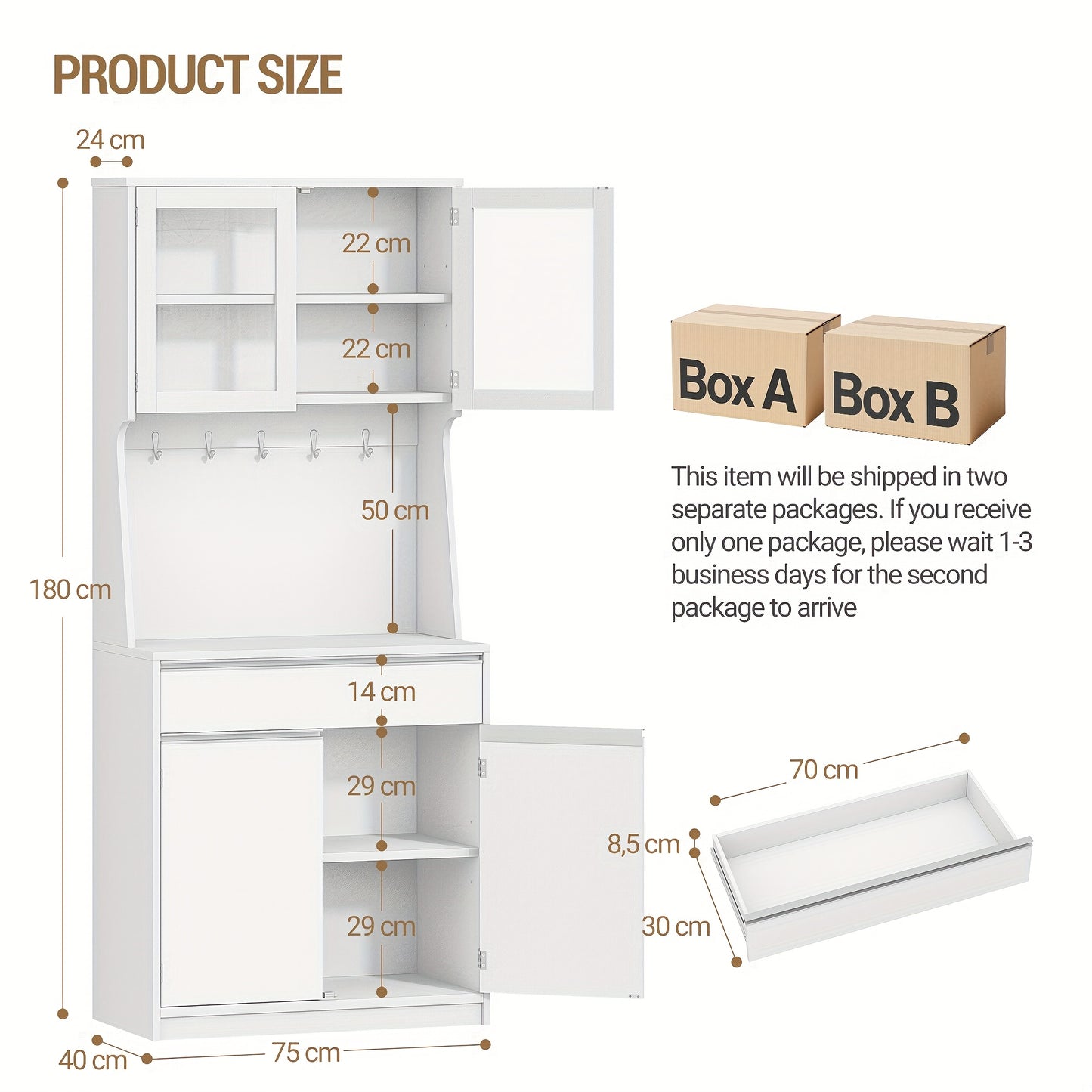 Keukenkast – Keukenbuffet – Keukenkast Wit – Opbergkast Keuken – Hoge Kast – Verstelbare Planken – Afmetingen 40x75x180 cm – Hoogwaardig Hout