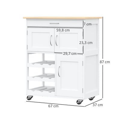 Keukenkast – Dressoir – Opbergkast – Buffetkast – Kast met Lade – MDF Wit – Rubberen Houten Blad – 2 Kastdeuren – 9 Flessenrek