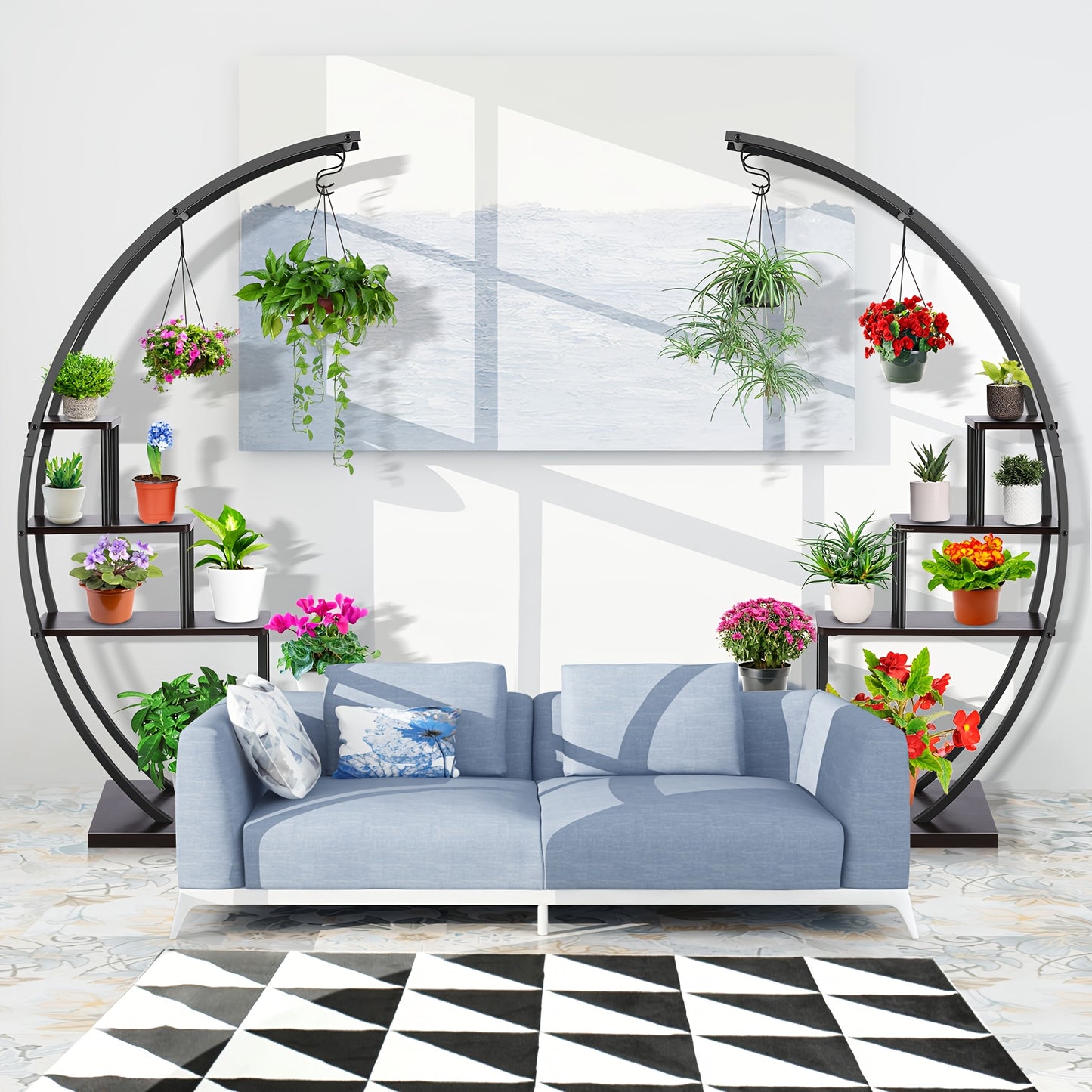 Plantenstandaard – Bloemenrek – Plantentrap – Plantenrek – Indoor plantenhouder – 5-laags metaal – Halve maan ontwerp – 4 haken – 60,96x35,56x144,78 cm – Duurzaam MDF & Metaal